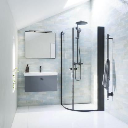 Scanbad Match E halvrund svingdør, H200 cm, sort/klart glas