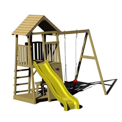 Wendi Toys Pelican legetårn med klatrevæg, rutsjebane, gynge og bord/bænkesæt, træ, gul