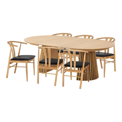 Osaka og Artenara spisebordssæt med 6 stole, egefiner, sort, Ø120 x 120-200 cm