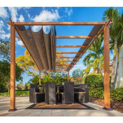 Paragon Outdoor Florenz 1116 pergola, aluminium, lyst trælook, brunt tekstil, 236 x 505 x 350 cm