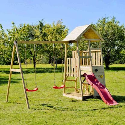 Wendi Toys Flamingo legetårn med klatrevæg, rutsjebane og gynger, træ, rød