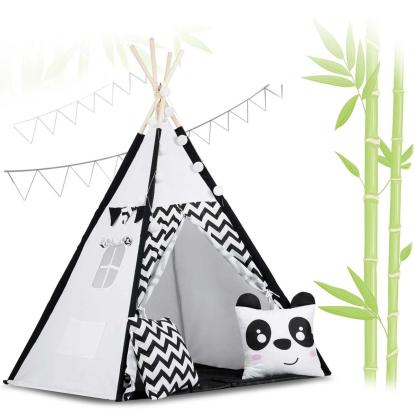 Tipi telt med puder og lamper, panda, sort/hvid