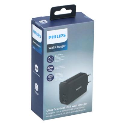 Philips USB lader fast-charge USB-A+C, sort, 30W