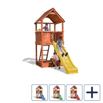 Fungoo Joy legetårn med tag, sandkasse og rutsjebane