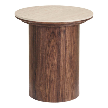Delphi hjørnebord med keramisk bordplade, travertin/mørkebrun, Ø45 cm