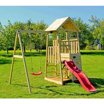Wendi Toys Gorilla legetårn med klatrevæg, rutsjebane, gynge og bord/bænkesæt, træ, rød