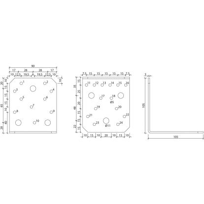 SIMA vinkelbeslag V3, pregalvaniseret, 105 x 105 x 3,0 x 90 mm