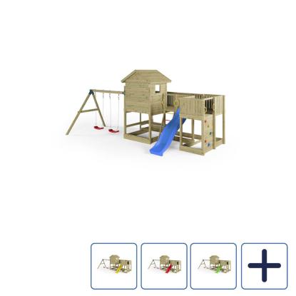 Fungoo Longstepper legetårn med legehus bænk, klatrevæg, to gynger og rutsjebane