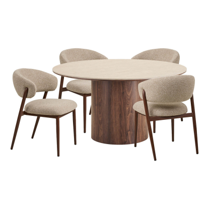 Delphi og Cavi spisebordssæt med 6 stole, travertin/mørkebrun/sand, Ø140 cm