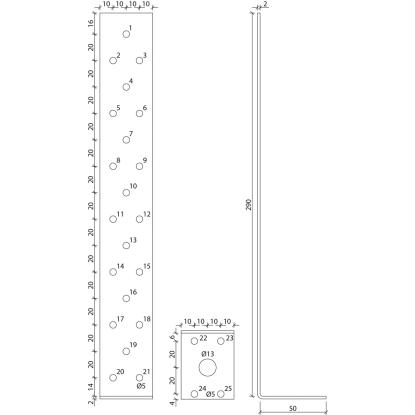 SIMA vinkelbeslag V27, pregalvaniseret, 290 x 50 x 2,0 x 40 mm