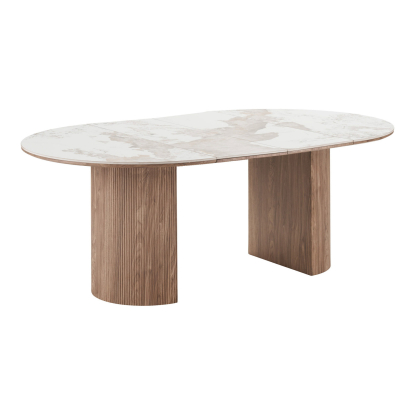 Athens og Cavi spisebordssæt med 6 stole, hvid/brun/sand, Ø120 x 120-200 cm