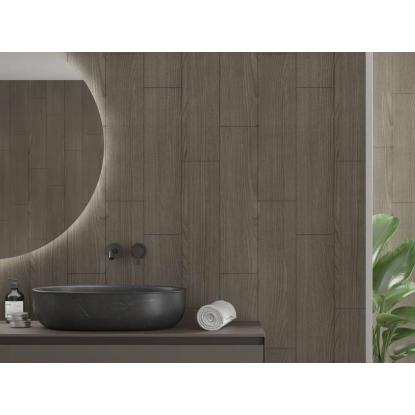 Fibo Wood vådrumspanel med Vertical Plank fliselook, 10 x 600 x 2400 mm, dark wood