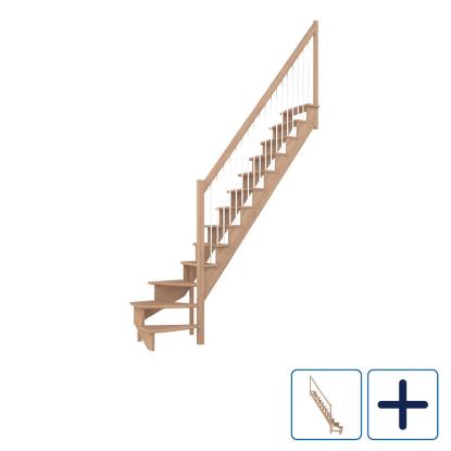 DOLLE Lyon kvartsvingstrappe, 75 cm trin og gelænder med stålbalustre, lakeret eg