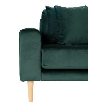 Sofa højrevendt i mørkegrøn velour med fire puder