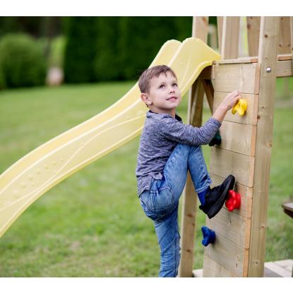 Wendi Toys Giraffe legetårn med klatrevæg, rutsjebane og gynger, træ, gul