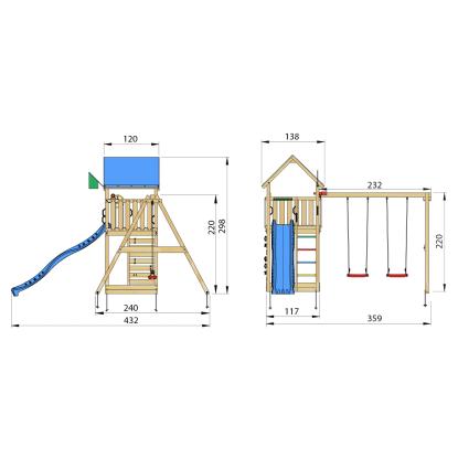 Jungle Gym Lodge 2.1 legetårn med Swing Module og blå rutsjebane