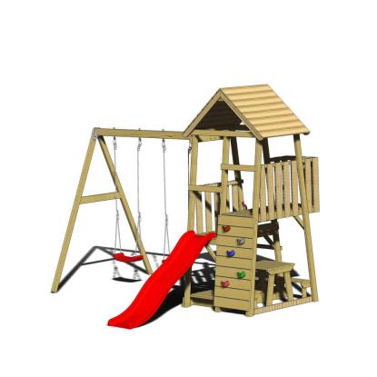 Wendi Toys Flamingo legetårn med klatrevæg, rutsjebane og gynger, træ, rød