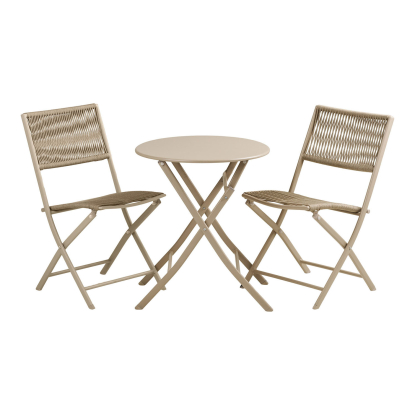 Arcas cafésæt med to stole og et bord, stål/reb, taupe