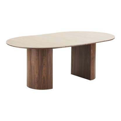 Delphi og Cavi spisebordssæt med 6 stole, travertin/mørkebrun/sand, Ø120 x 120-200 cm