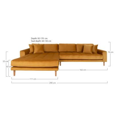 Sofa venstrevendt i sennepsgul velour med fire puder