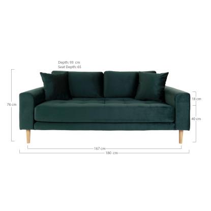 Sofa i mørkegrønt velour med to puder