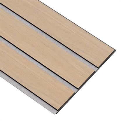 I-Wood Basic 3-lamel akustikpanel, ubehandlet natur, grå filt og sort kerne, egefiner, 17 x 300 mm 