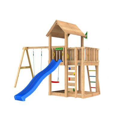 Jungle Gym Mansion 2.1 legetårn med 2-Swing Module 220 og blå rutsjebane