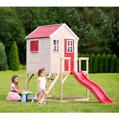 Wendi Toys Tiger legehus med trappe og rutsjebane, træ, rød, 242 x 197 x 310 cm