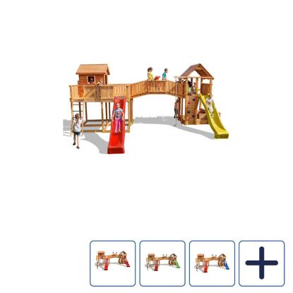 Fungoo Maxi Play Box legetårn med legehus, gynger, klatrevæg og 2 rutsjebaner
