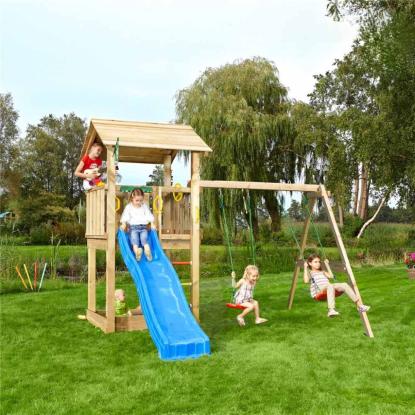 Jungle Gym Casa 2.1 legetårn med 2-Swing Module 220 og blå rutsjebane, natur