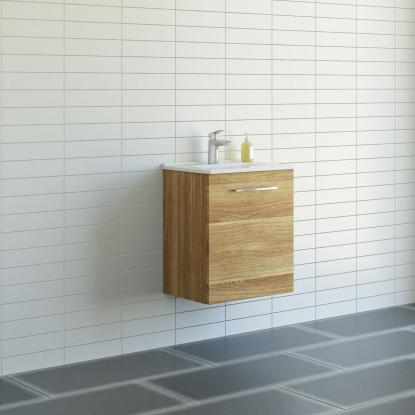Scanbad Multo vaskeskab med Amber Mini vask, 1 låge, 51 cm, varm eg