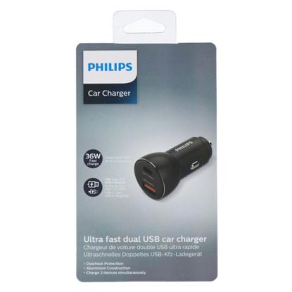 Philips USB fast-charge lader til cigarstik USB-A+C, sort, 36W