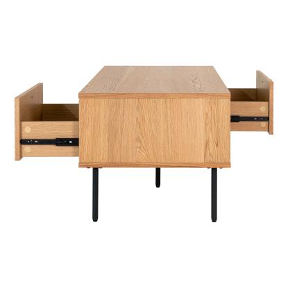 Sofabord, egefiner, sorte metalben, 2 skuffer, 50x100x45 cm