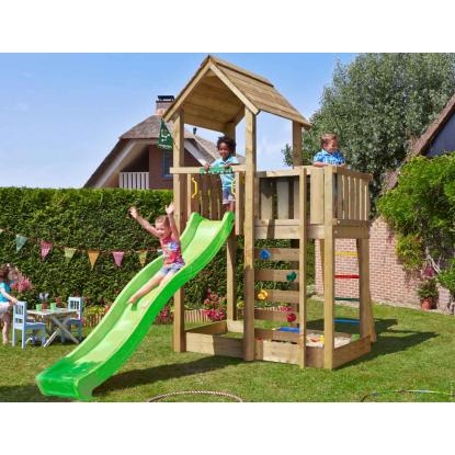 Jungle Gym Mansion 2.1 legetårn med grøn rutsjebane og 120 kg sand