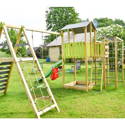 Wendi Toys Dino Adventure Tower klatretårn med gynge, rutsjebane og sandkasse, træ, grøn