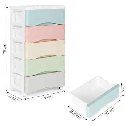 Kommode med 5 skuffer og hjul, pastelfarver, 75 x 27 x 39 cm