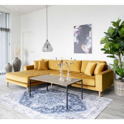 Sofa venstrevendt i sennepsgul velour med fire puder