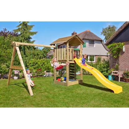 Jungle Gym Cottage 2.1 legetårn med 2-Swing modul 220 og gul rutsjebane