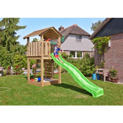 Jungle Gym Cottage 2.1 legetårn med grøn rutsjebane