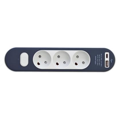 E-Line stikdåse med jord og afbryder, 3-vejs, USB A+C, hvid/grå - 1,4 meter
