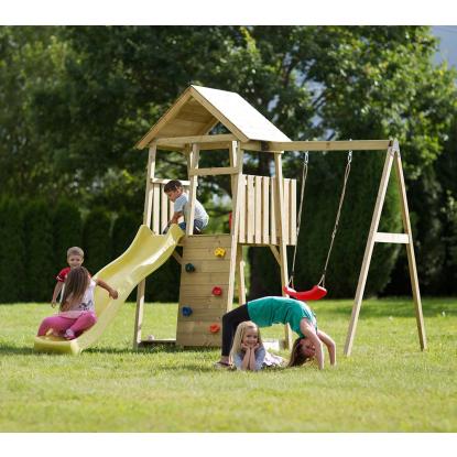 Wendi Toys Bee legetårn med klatrevæg, gynge og rutsjebane, træ, gul