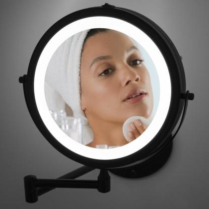 Makeup spejl med svingarm og lys, sort, Ø20 cm