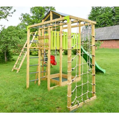 Wendi Toys Dino Adventure Tower klatretårn med gynge, rutsjebane og sandkasse, træ, grøn