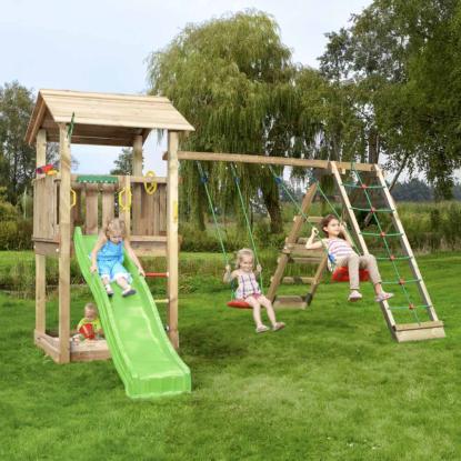 Jungle Gym Casa 2.1 legetårn med 2-Climb Module 220 og grøn rutsjebane, natur