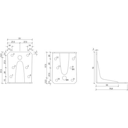 SIMA vinkelbeslag V7 med rib, pregalvaniseret, 70 x 70 x 2,0 x 55 mm