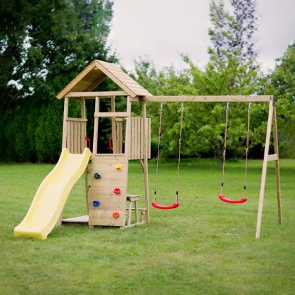 Wendi Toys Giraffe legetårn med klatrevæg, rutsjebane og gynger, træ, gul