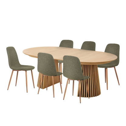 Osaka og Stockholm spisebordssæt med 6 stole, egefiner, mørkegrøn, Ø120 x 120-200 cm