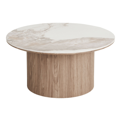 Athens sofabord med keramisk bordplade, hvid/brun, Ø80 cm