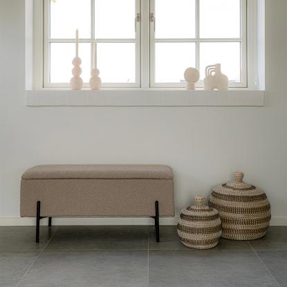 Bænk i bouclé med opbevaring, beige med sorte ben