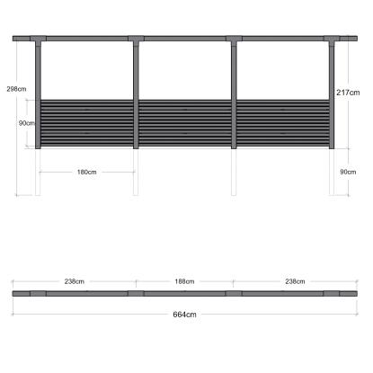 PLUS pergola enkelt i 3 moduler med Tokyo hegn, sort/fyr - 664 x 9 x 218 cm